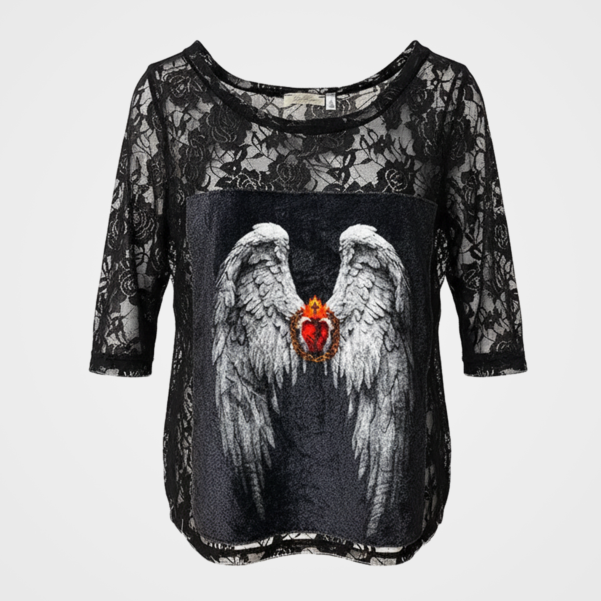 Lace Tee with Angel Wings & Sacred Heart on Velvet Patch